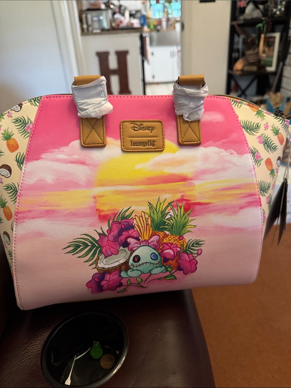 Loungefly Pink Sunset Tropical Dome Satchel with Yellow Accents